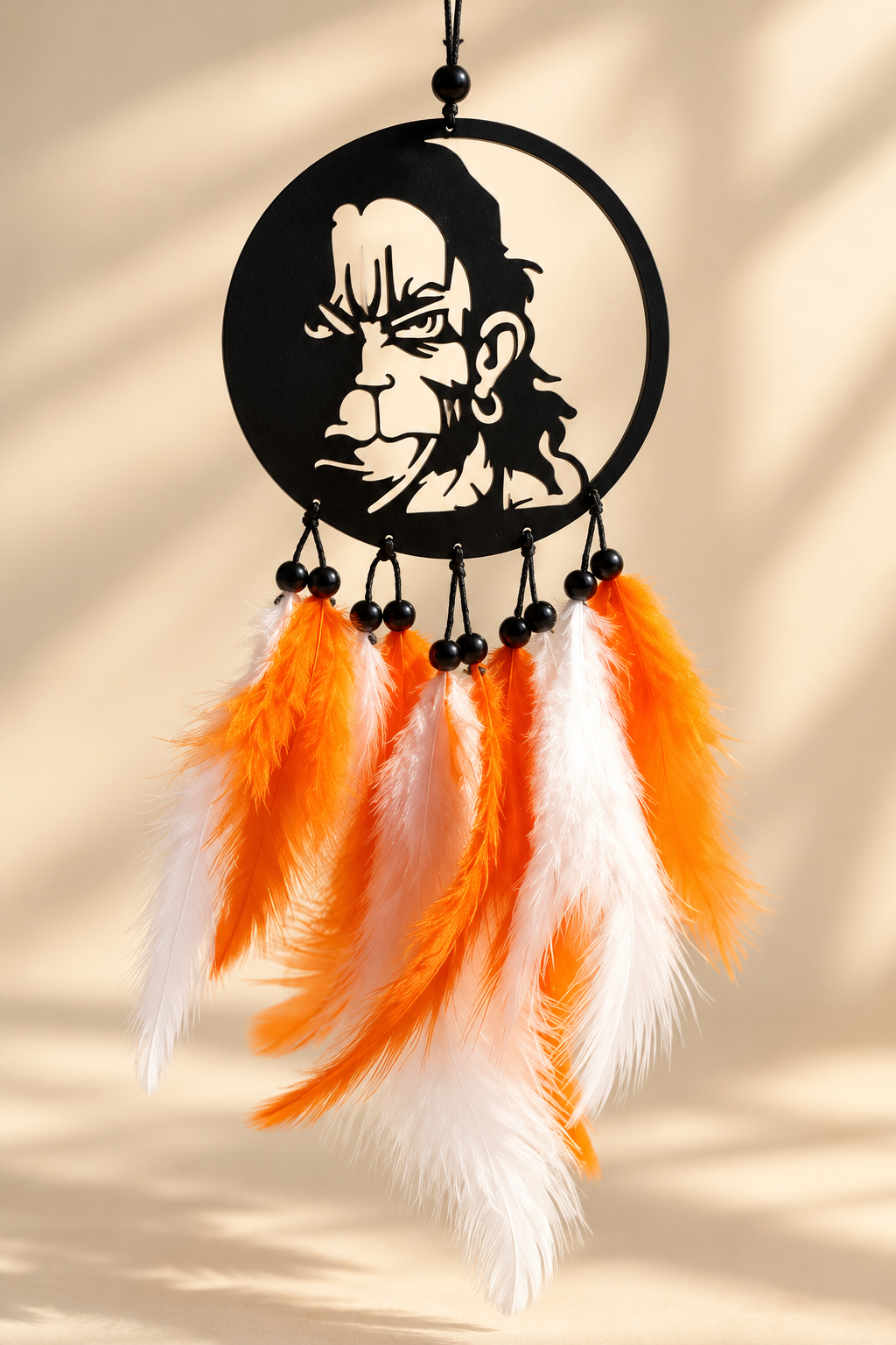 Shri Hanuman Face Car Hanging with Orange & White Feathers | श्री हनुमान फेस फेदर कार हैंगिंग