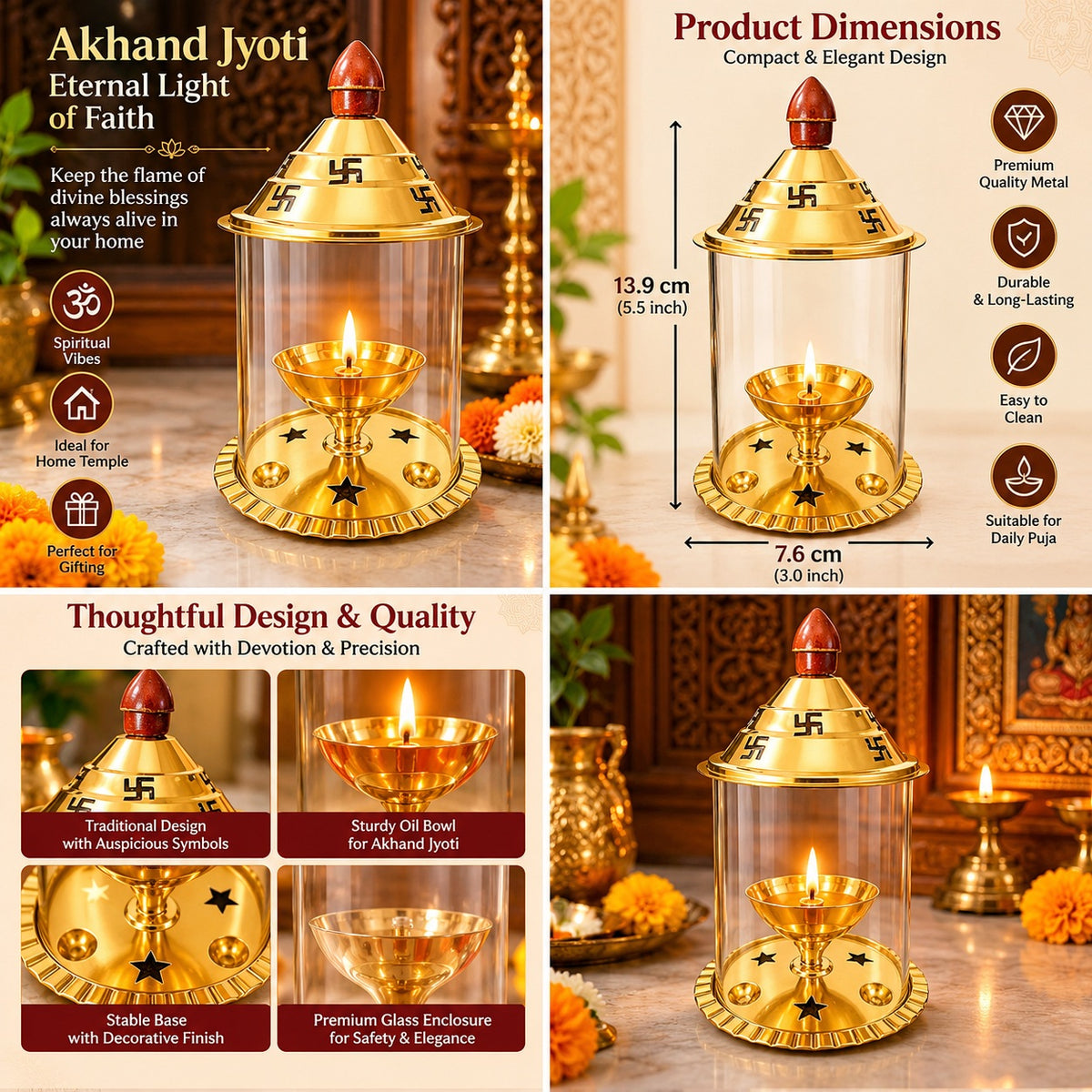 Four-panel Akhand Jyoti advertisement covering product design, approximate dimensions and devotional use