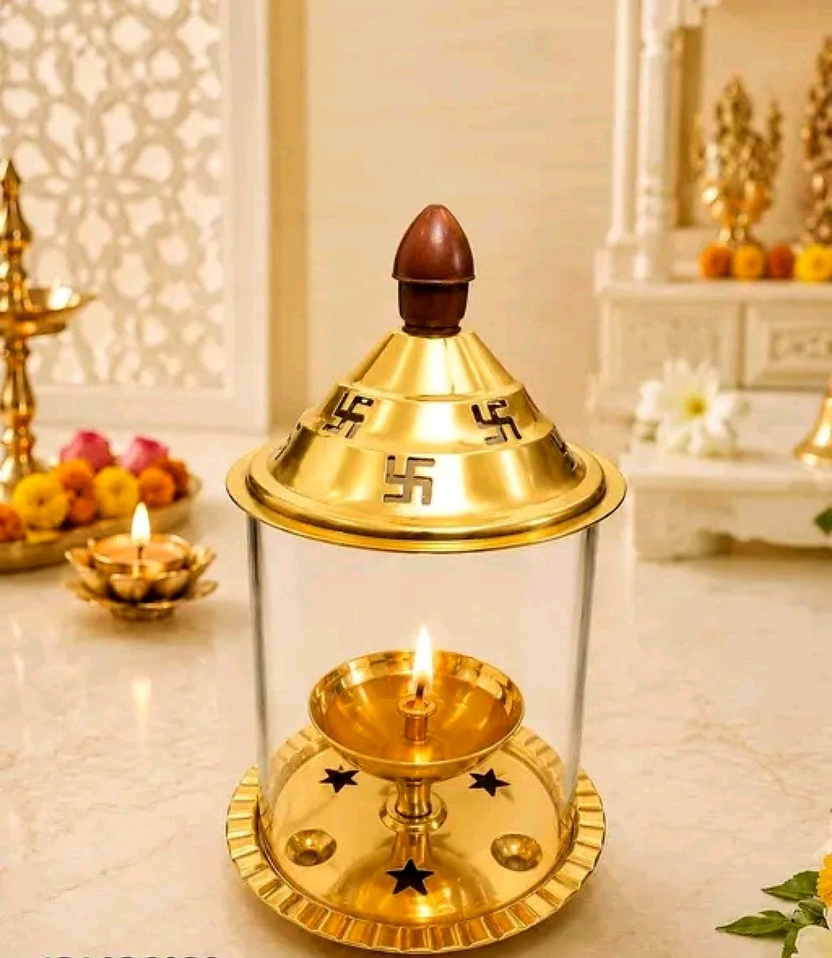 Lit Akhand Jyoti lamp styled for devotional worship at home