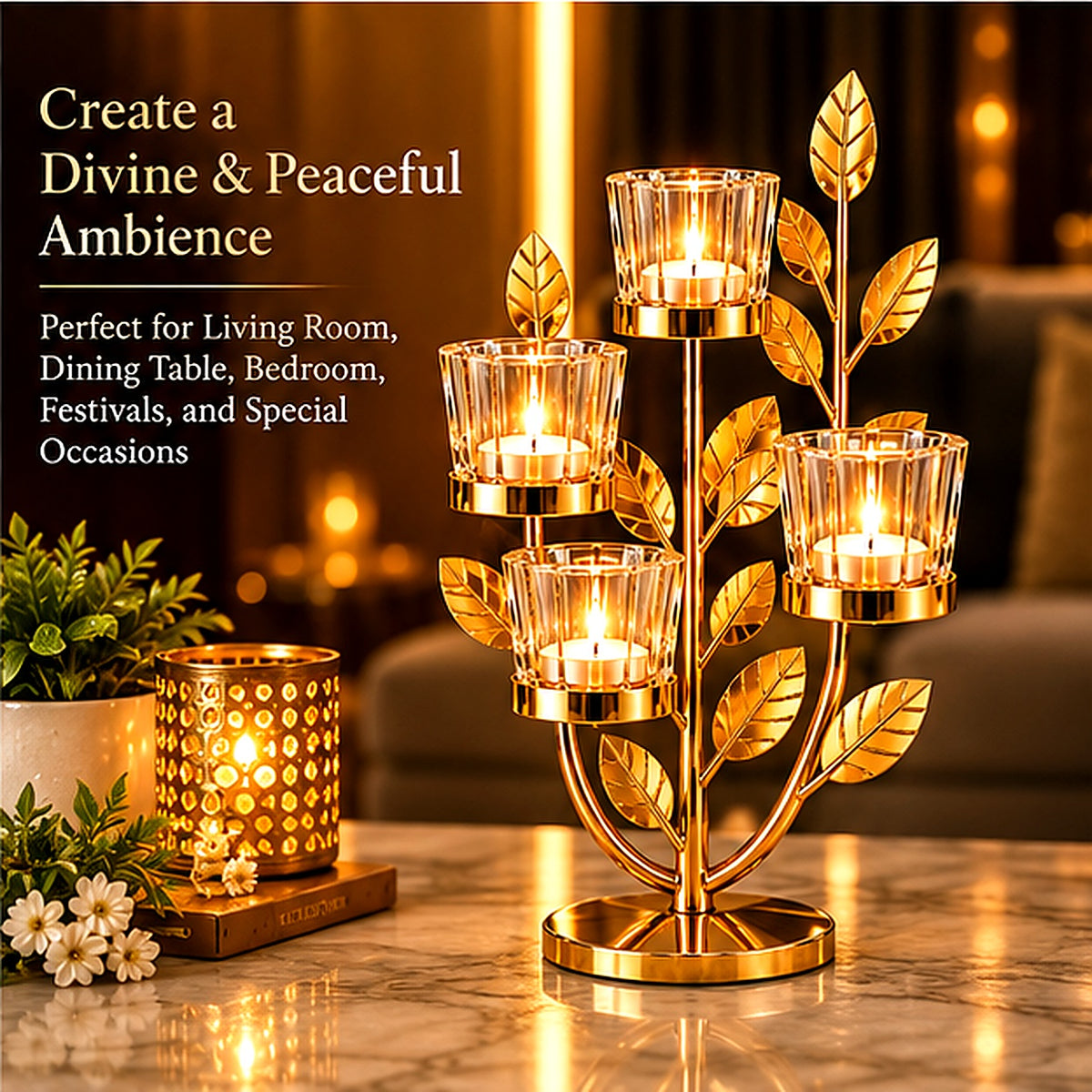 Aurelia Golden Leaf Tealight Candle Stand styled in a warm living room