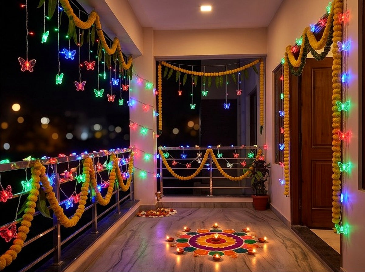 Multicolour butterfly LED garland lighting decorating an apartment balcony and doorway for Diwali