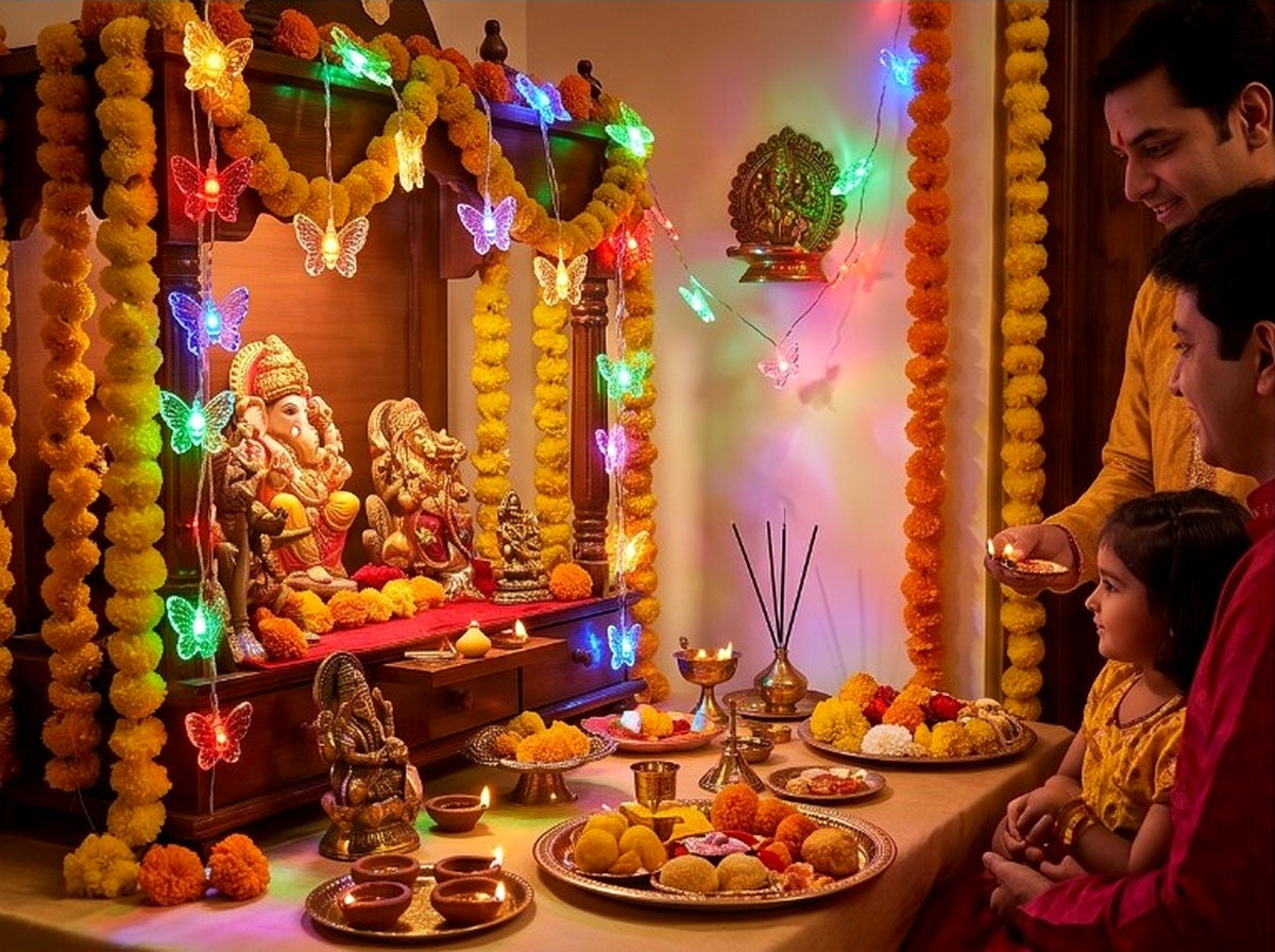 Multicolour butterfly LED garland lights decorating a festive home temple and pooja area