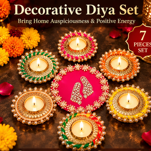 Decorative Pearl and Gold Diya Rangoli Set – hero arrangement