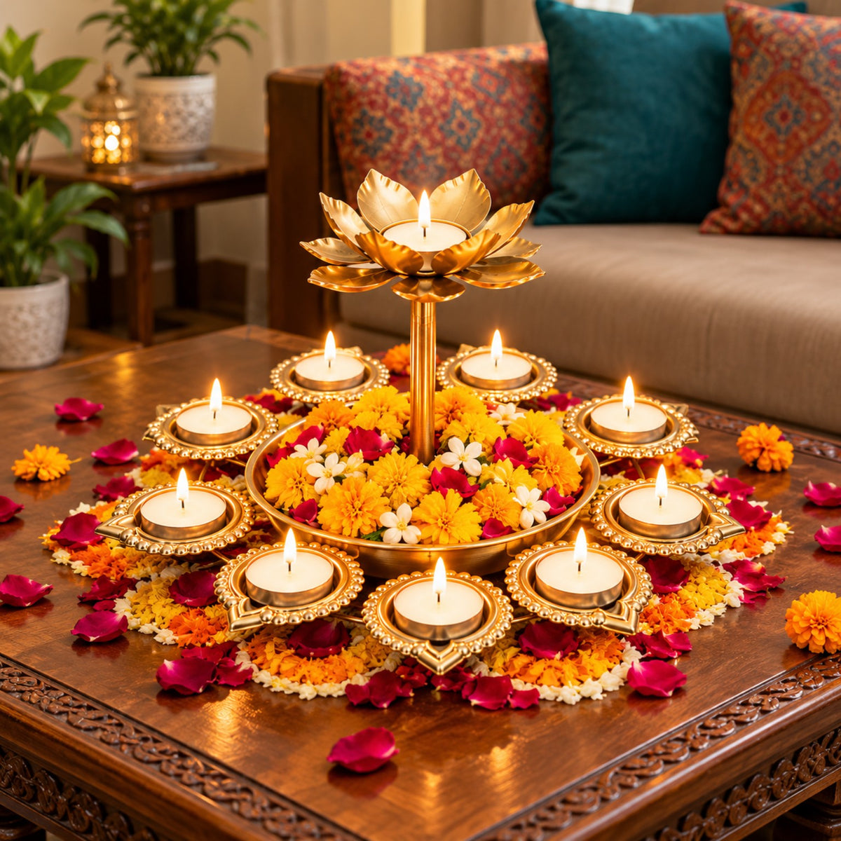 Gold lotus diya centerpiece with surrounding tea lights and floral tray styled on a living-room table for Diwali decor