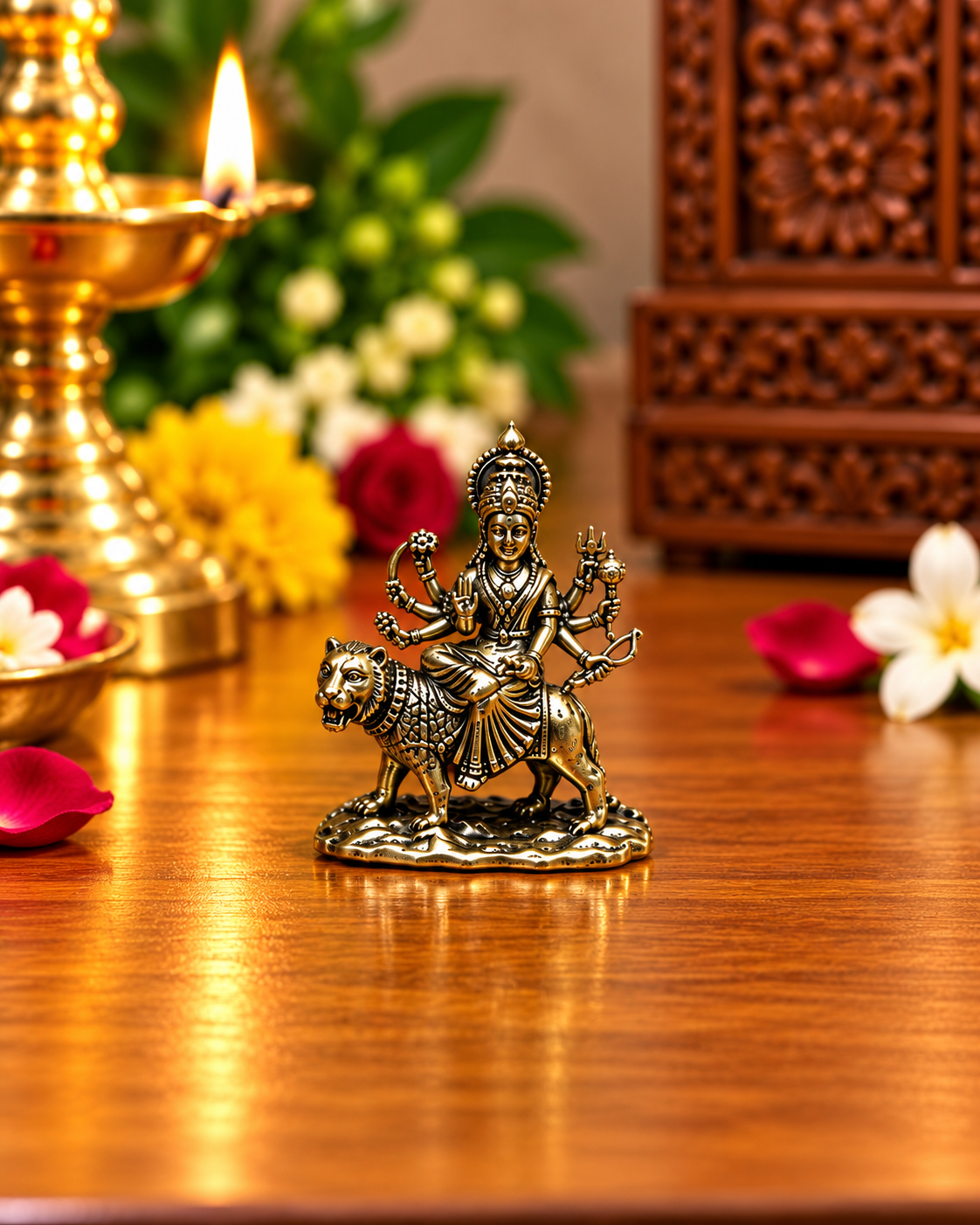 Antique-finish Goddess Durga idol on a devotional display surface