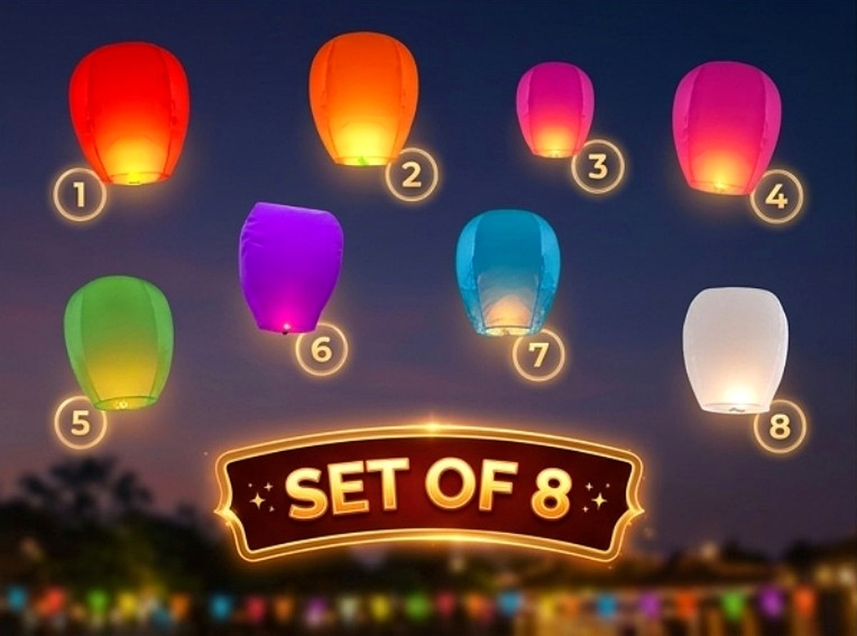Product range graphic showing eight different colours in the multicolour sky lantern set