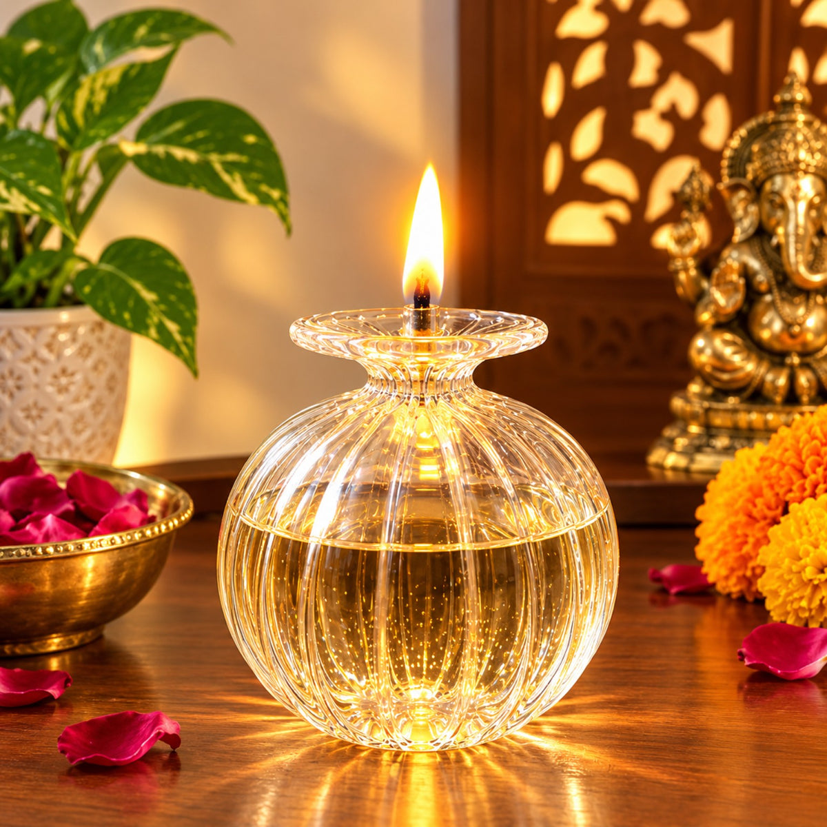 Actual product image of a ribbed transparent glass oil diya with a lit cotton wick, glowing warmly on a devotional table