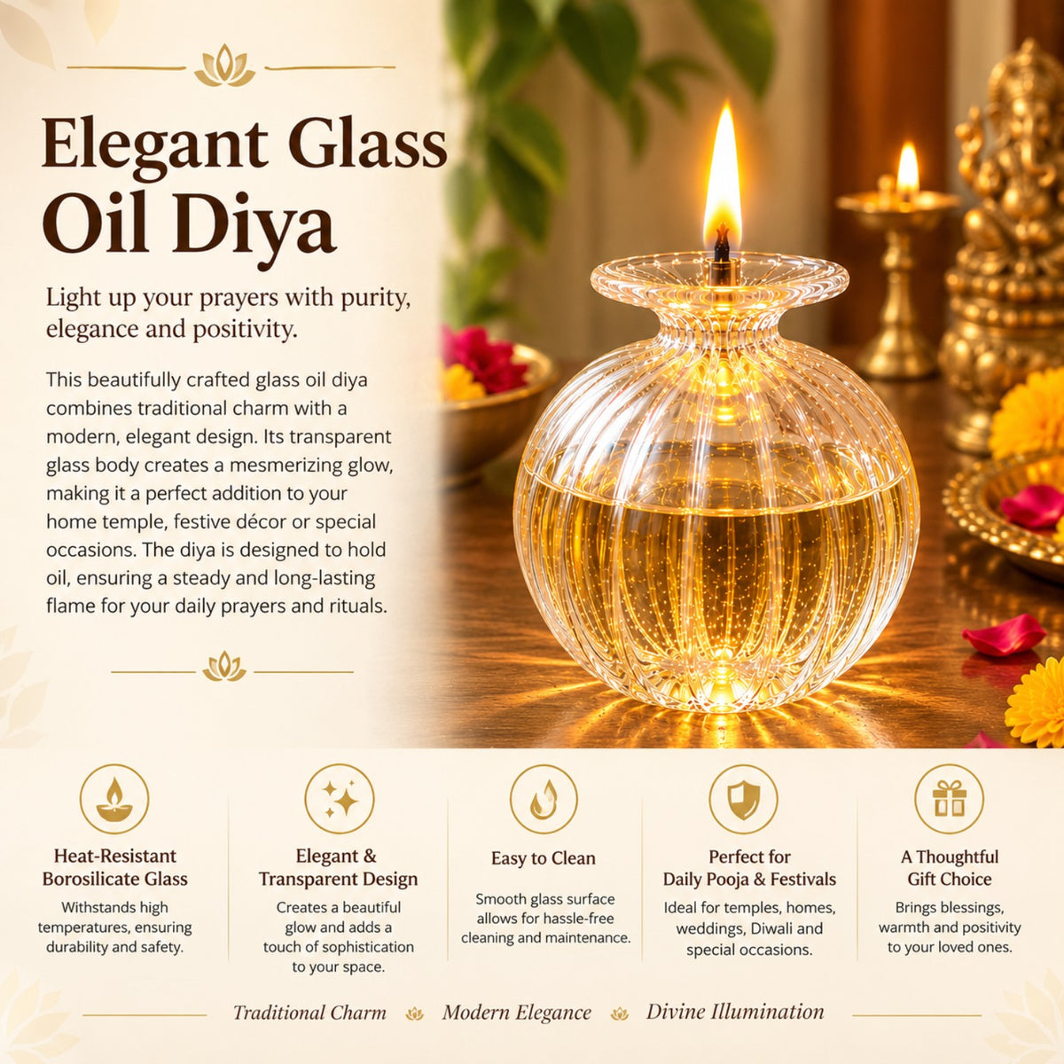 Product feature infographic for an elegant glass oil diya showing its devotional and festive decor use