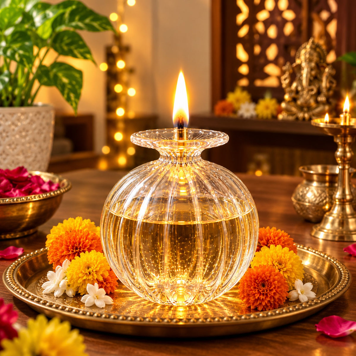 Elegant transparent glass oil diya styled on a brass tray with marigold flowers and rose petals for Diwali