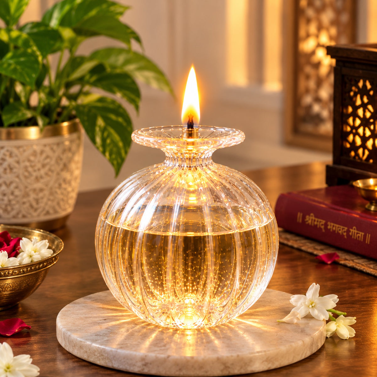 Ribbed glass oil diya glowing in a home pooja setting with flowers and traditional devotional decor