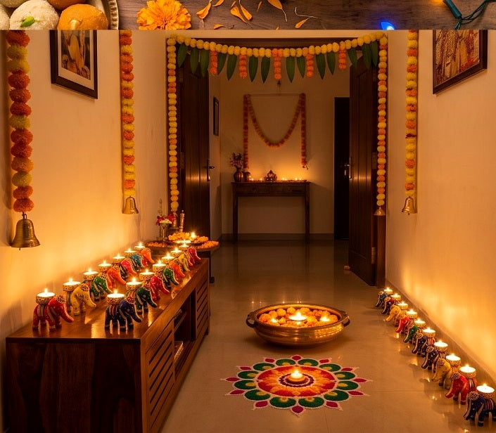 Festive hallway decoration using rows of colourful elephant tea-light holders