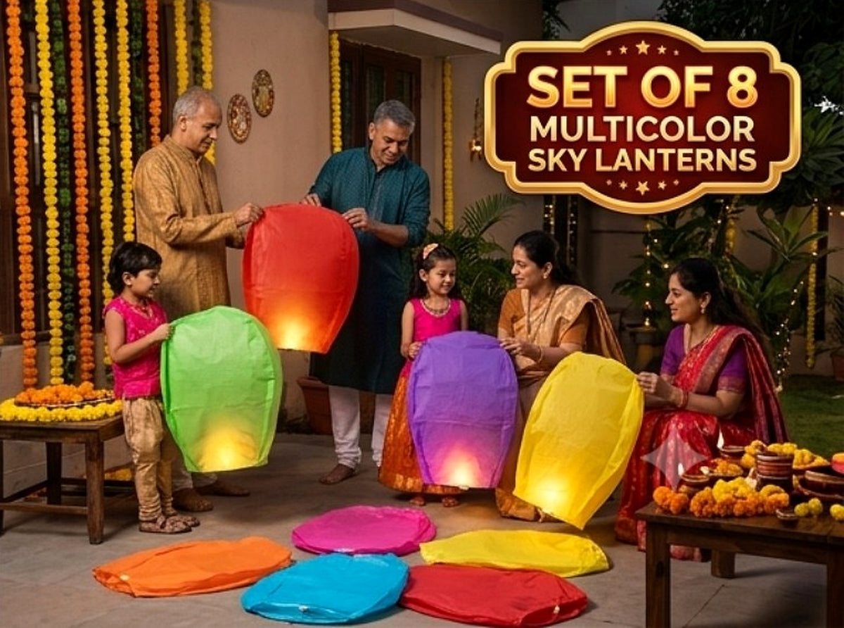 Family preparing colourful paper sky lanterns for a festival celebration