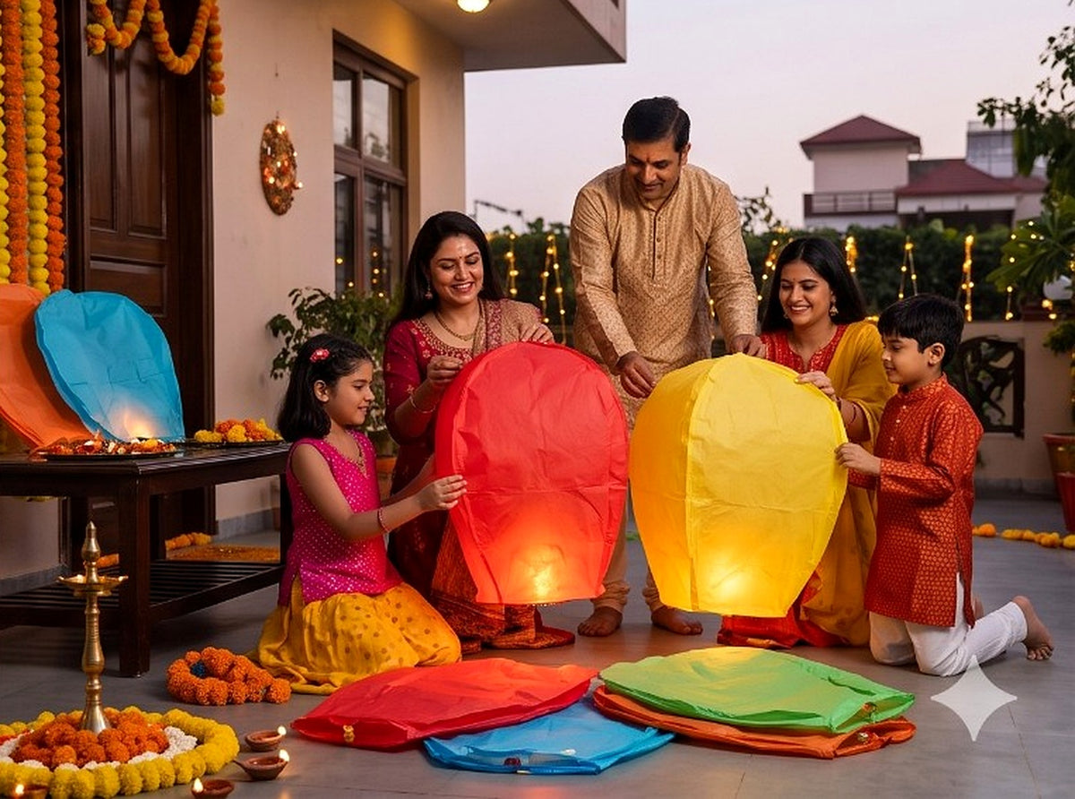 Family arranging multicolour sky lanterns at home during a festive occasion