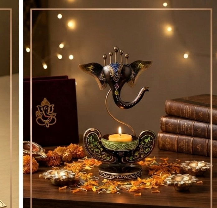 Decorative Ganesha tea-light holder styled on a festive table