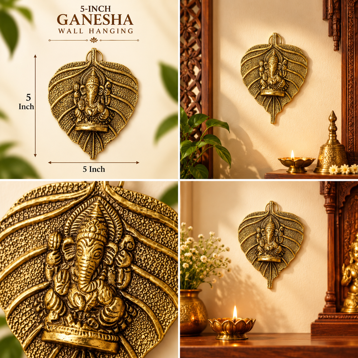 Four-panel advertisement for 5-inch 100% brass Ganesha peepal leaf wall hanging