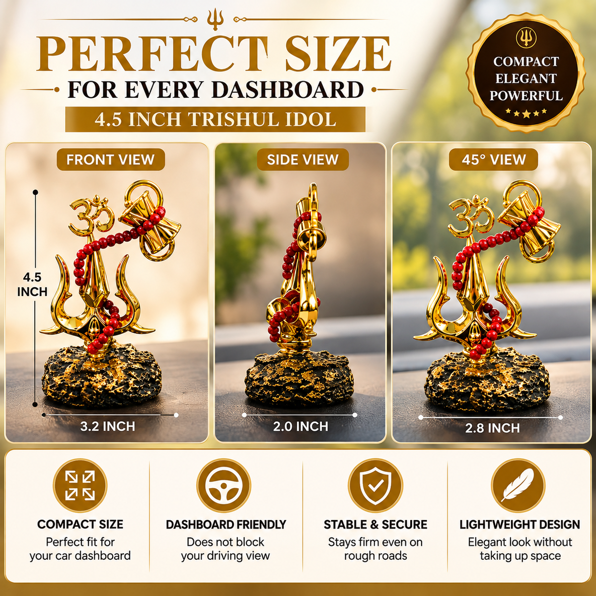 4.5 inch Golden Trishul dashboard idol size and feature guide