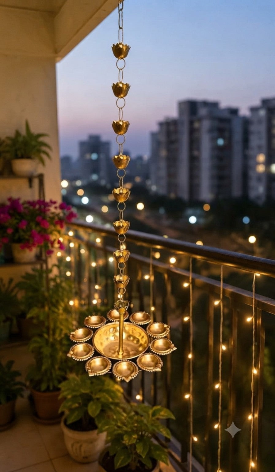 Hanging lotus diya lamp displayed on a balcony at dusk