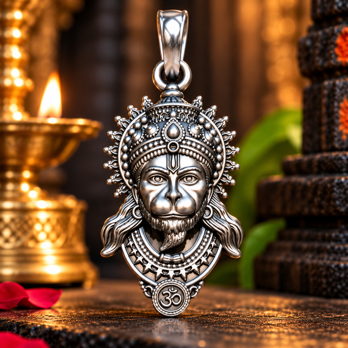 Single antique silver-tone Shri Hanuman pendant, detailed front view