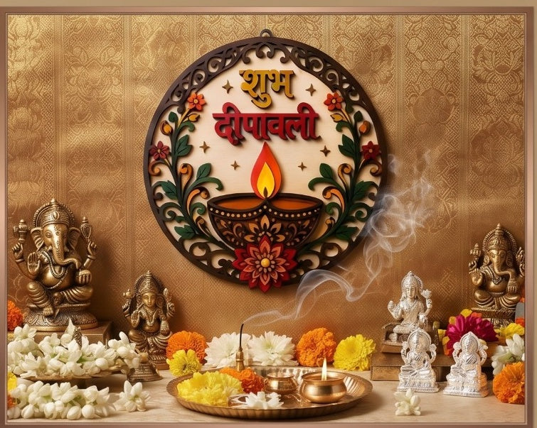 Shubh Deepawali wall hanging styled with devotional figurines and festive pooja décor