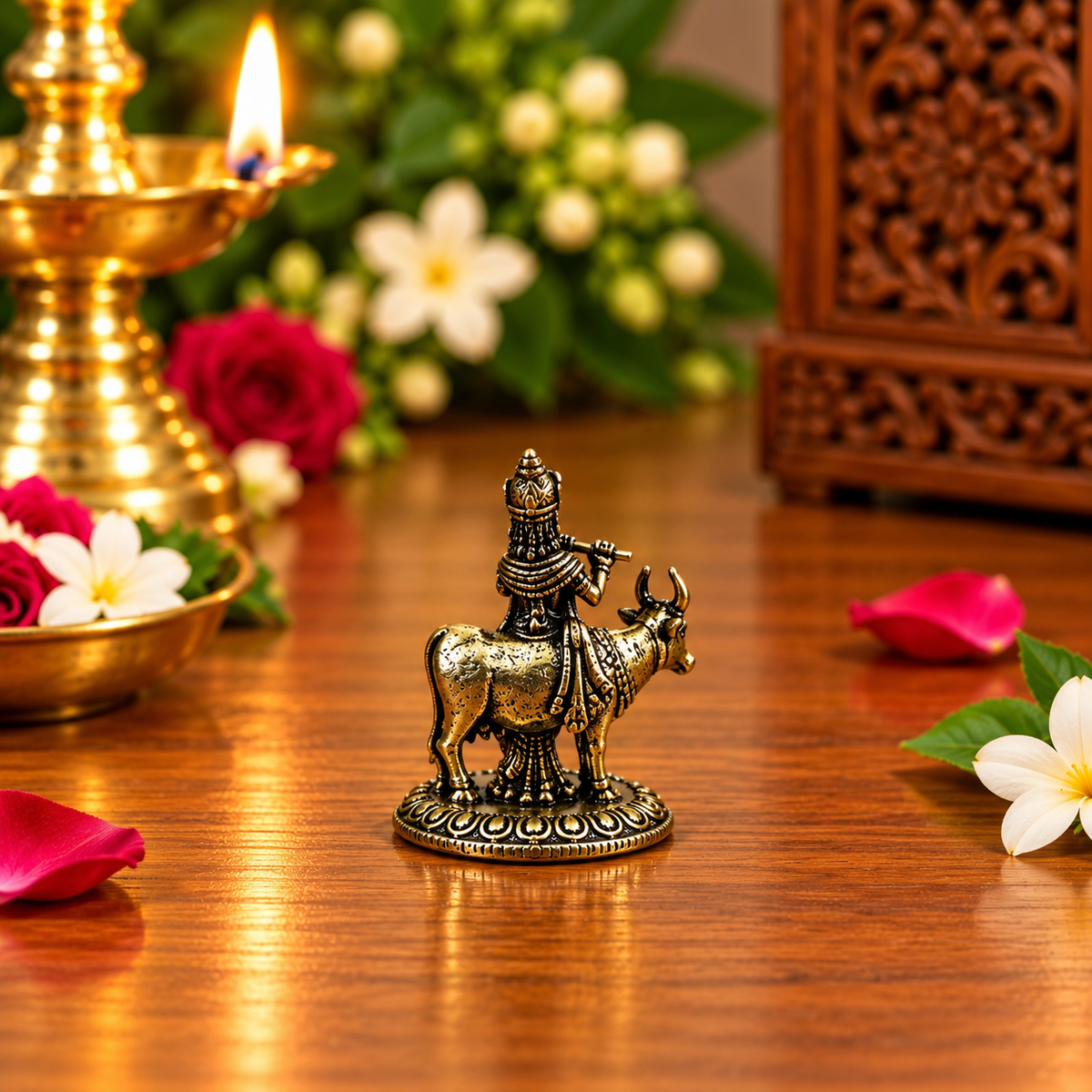 Antique-finish Shri Krishna with cow, rear view