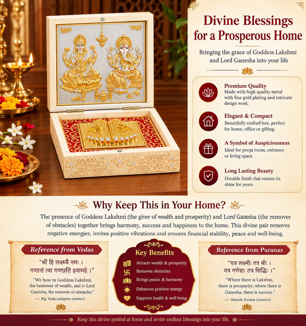 Product feature infographic for the Lakshmi Ganesha devotional pooja box, showing home decor, gifting, and traditional devotional significance