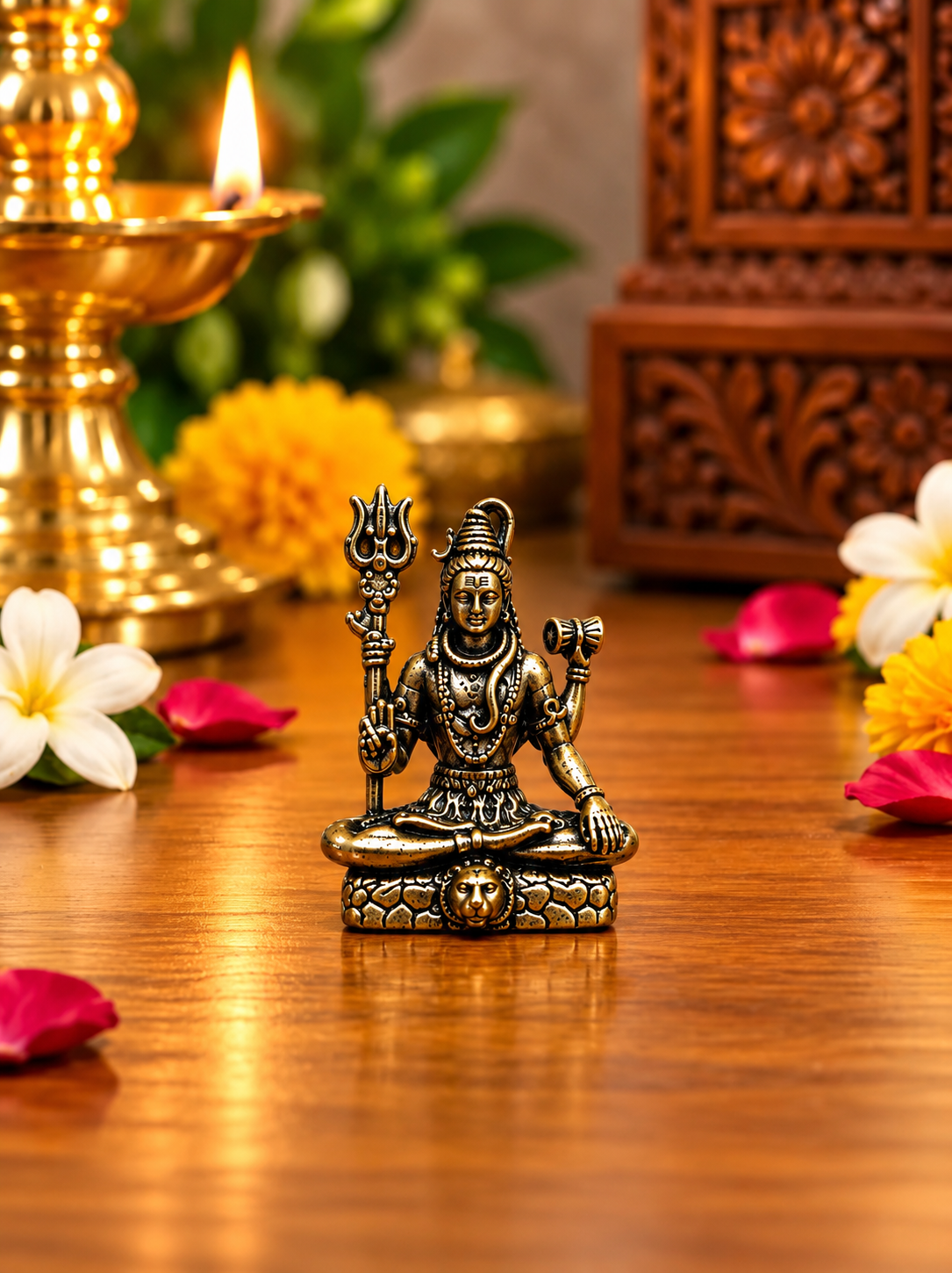 Antique brass Lord Shiva meditation idol displayed on a wooden altar