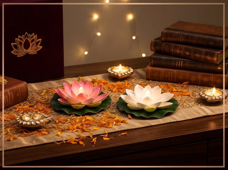 Pink and white lotus LED lights arranged on a festive pooja table