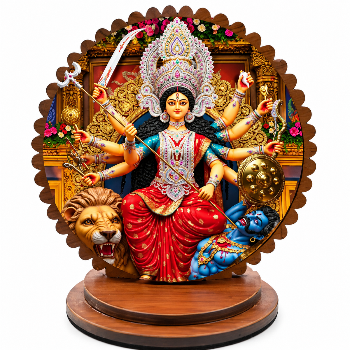 Maa Durga seated on a lion in a colourful ornate circular plaque with a wooden display base, isolated on white