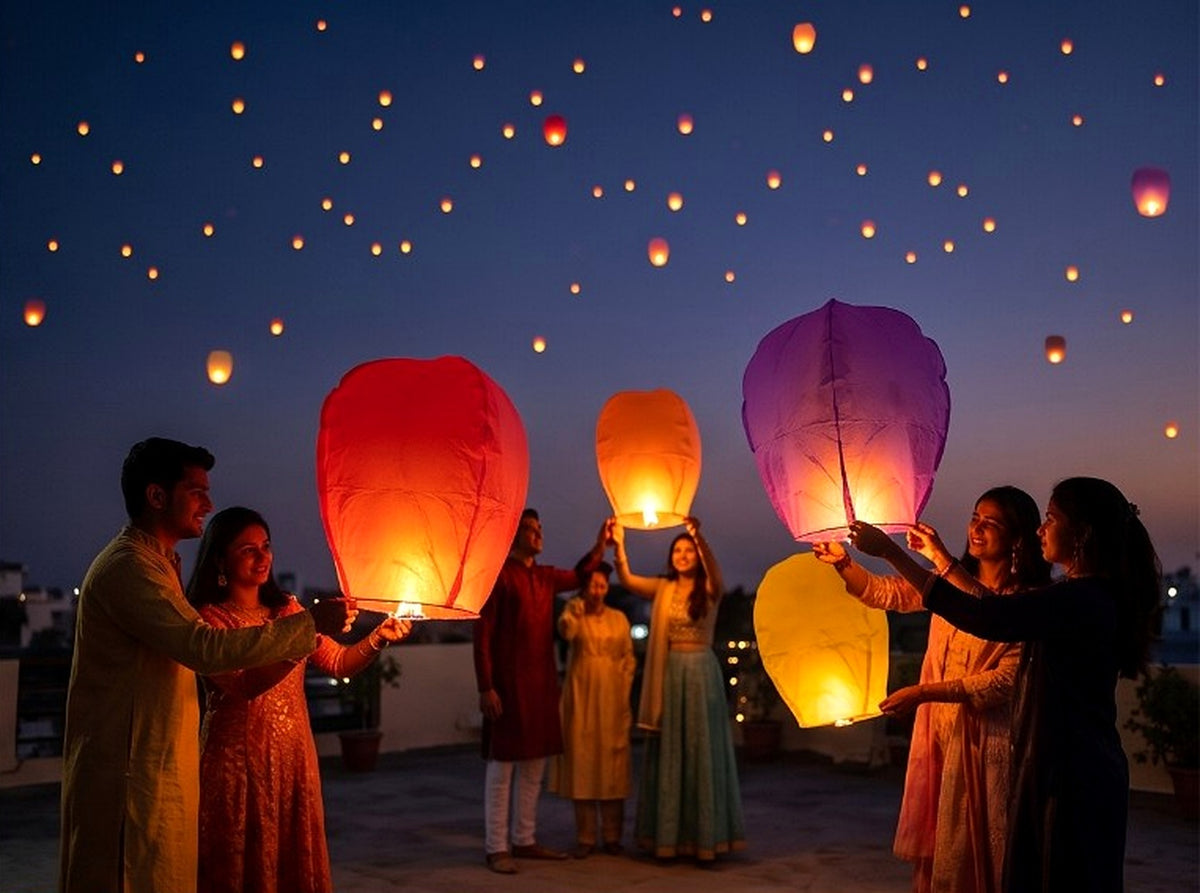Colourful sky lanterns illuminated at dusk during a festive gathering