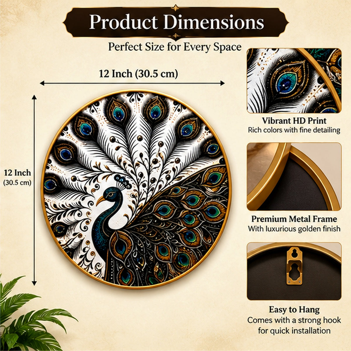 Peacock wall art dimensions and frame details
