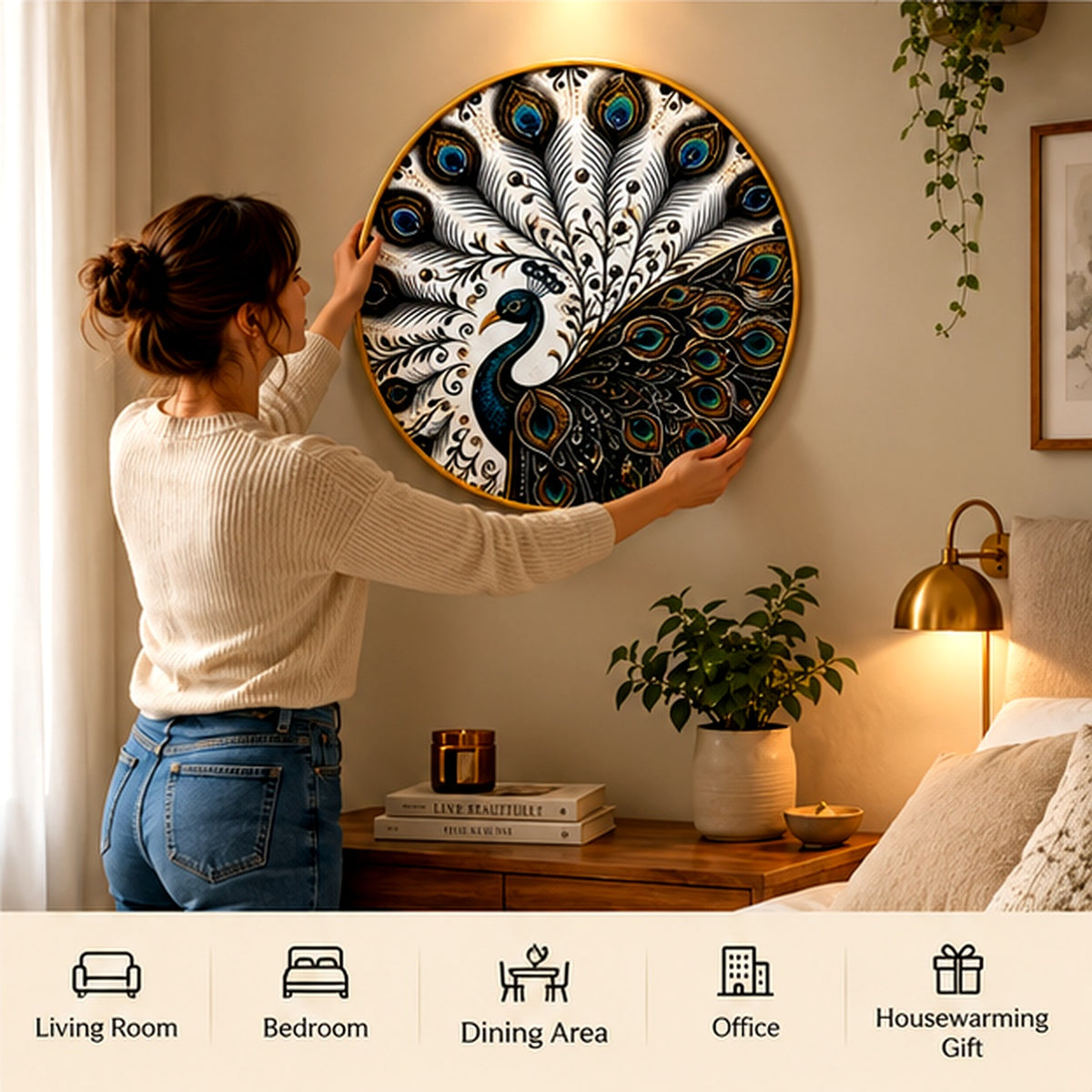 Peacock wall art shown being installed in a bedroom