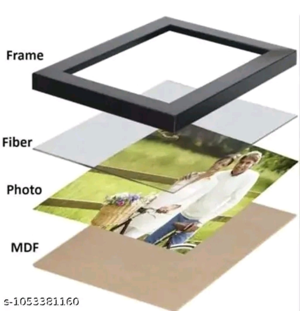 Photo frame construction reference showing frame, protective layer, photo, and MDF backing