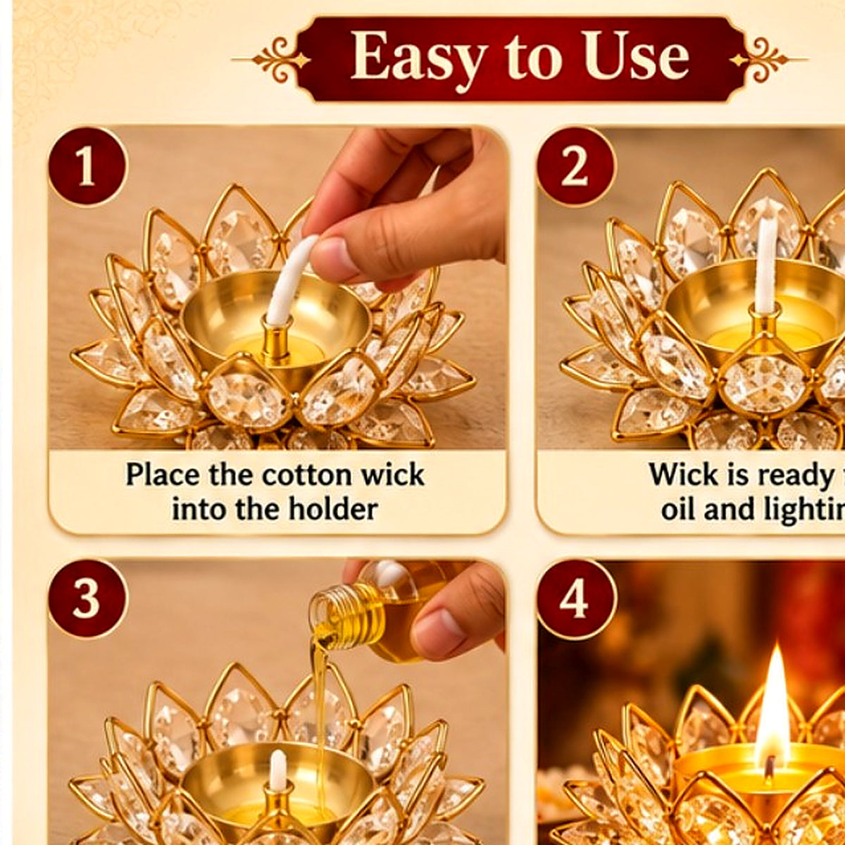 Lotus crystal diya tealight holder — usage instructions