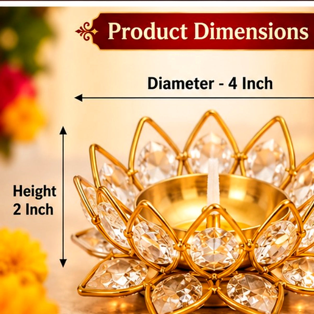 Lotus crystal diya tealight holder — product dimensions