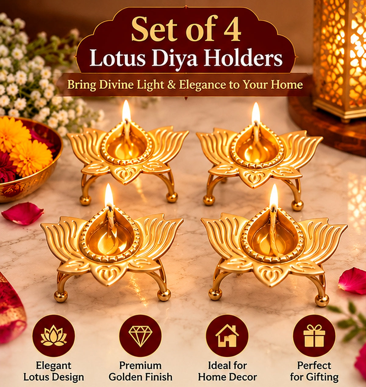 Lotus diya holders set of four — festive hero view