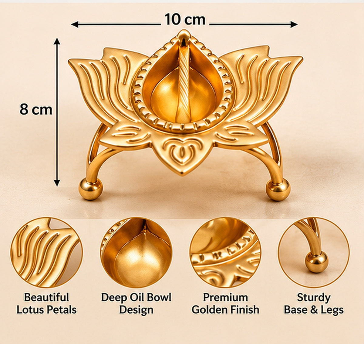 Golden lotus diya holder close-up and dimensions