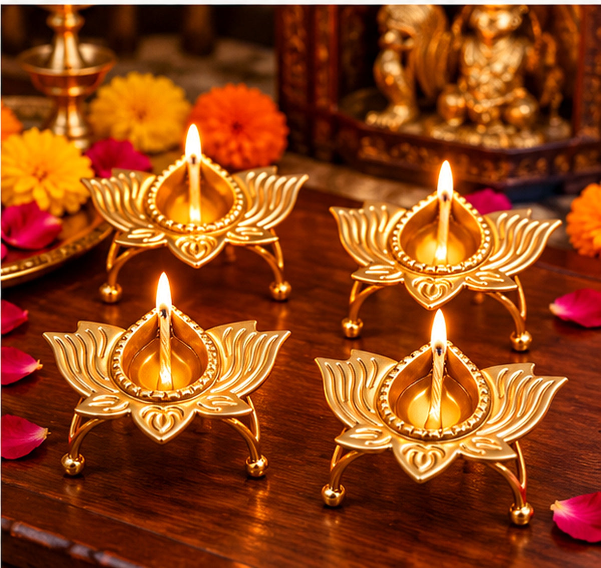 Set of four lotus diya holders in a festive setting