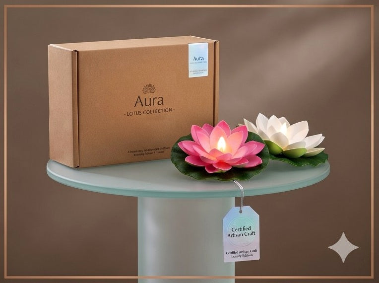Set of two pink and white lotus lights displayed with the product packaging