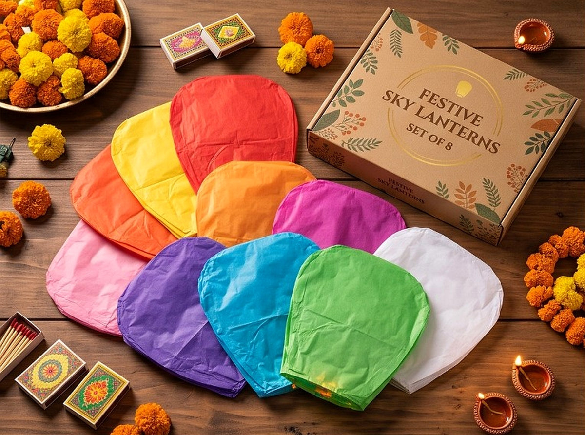 All eight multicolour paper sky lanterns laid out with the product box, showing the set contents