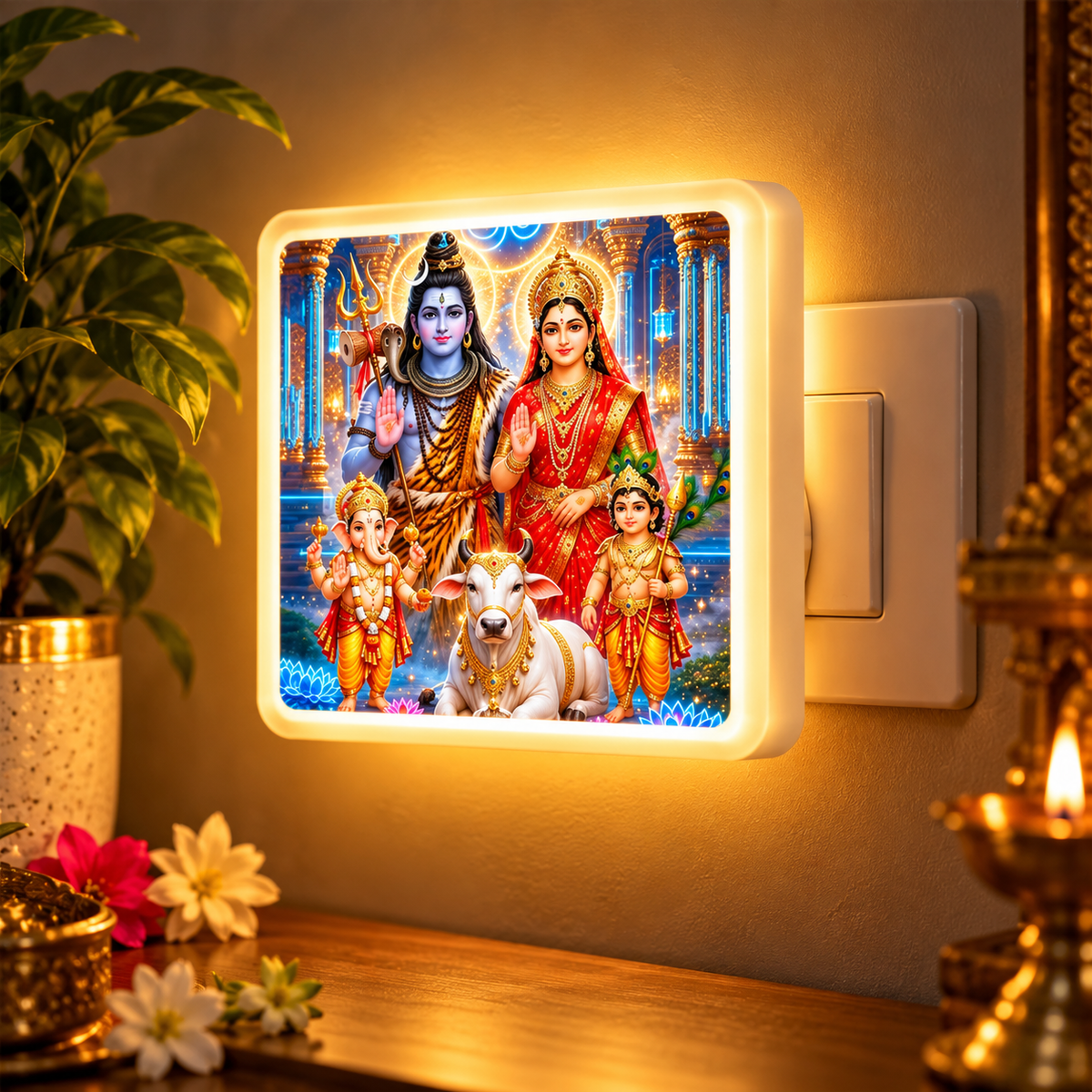 Illuminated Shiva Parivar night lamp mounted on a wall