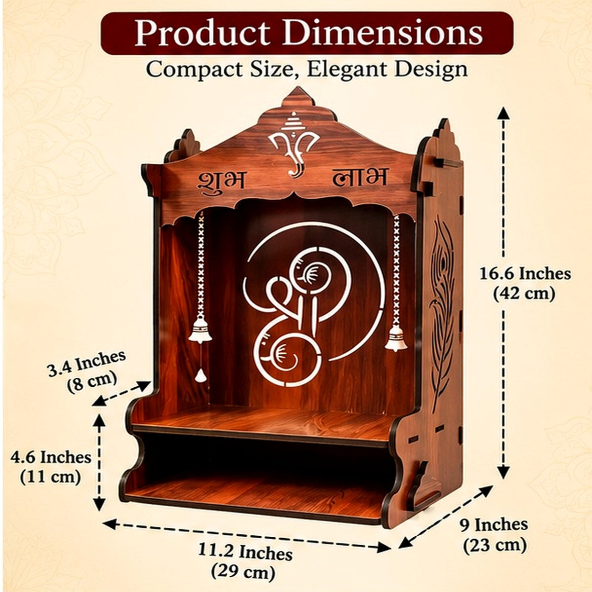 Cropped panel 2 from the prepared four-panel Shubh Labh mandir advertisement, highlighting the product dimensions