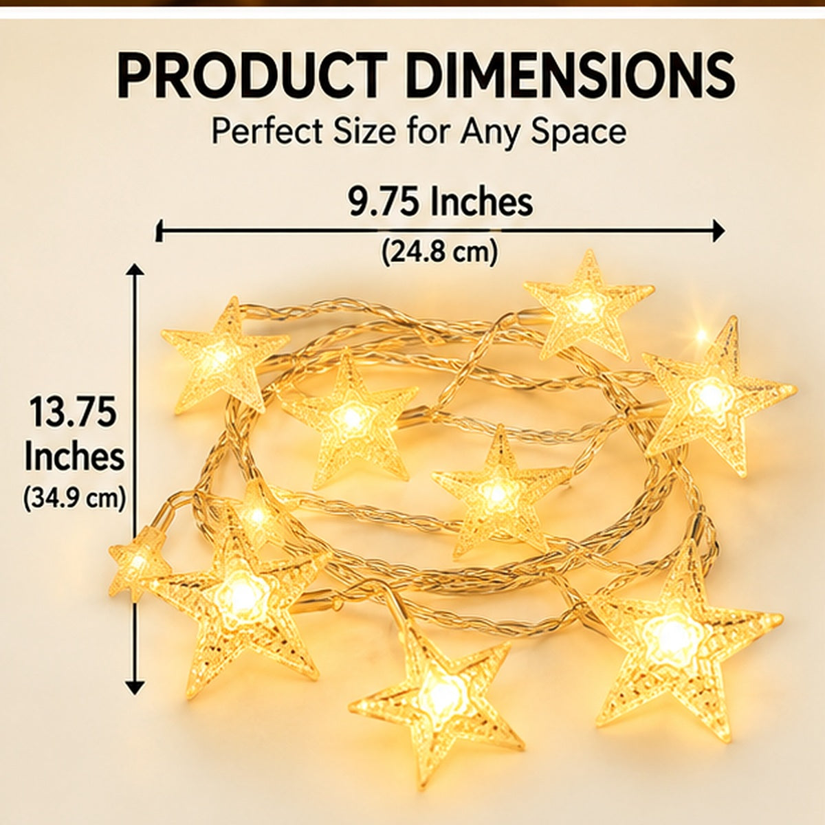 Star LED fairy lights product details and dimensions shown in promotional image