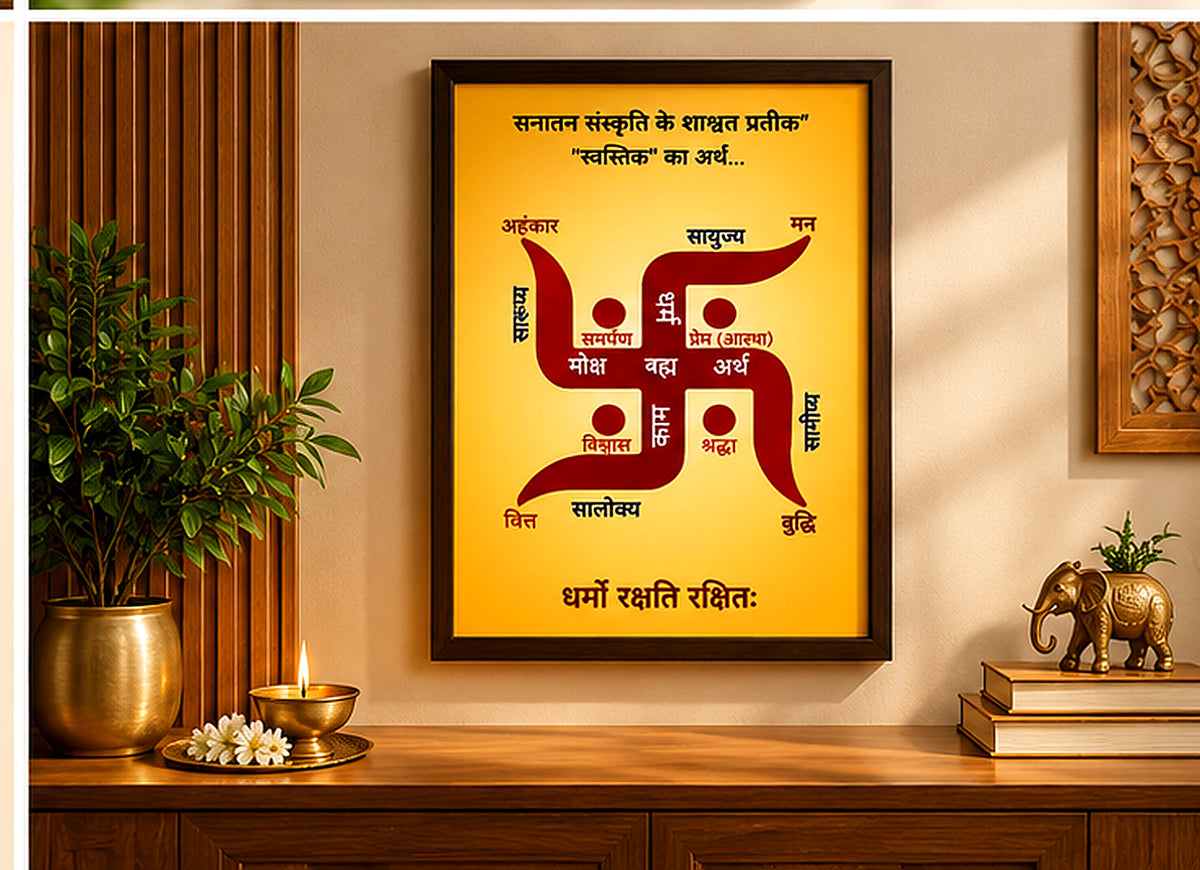 Framed Swastik wall art displayed as home and pooja décor