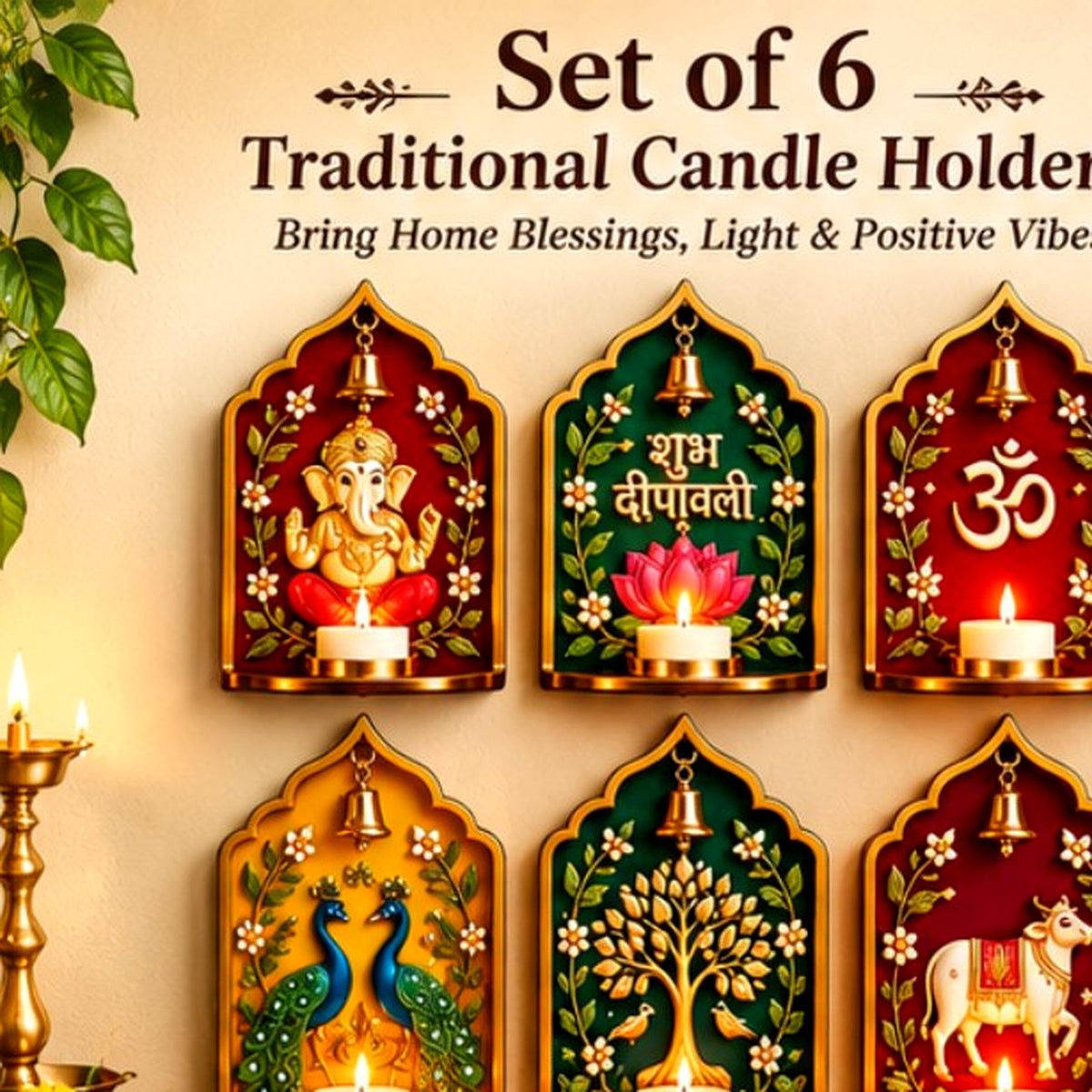 Set of six traditional decorative candle holders — main view