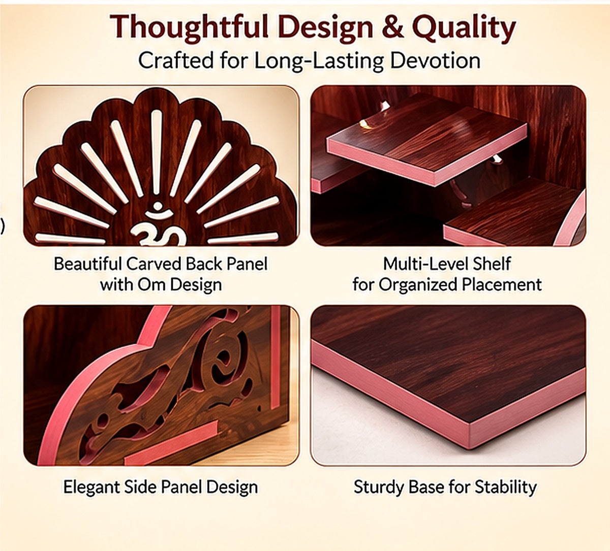 Close-up design details of Om back panel, shelves and decorative side panels