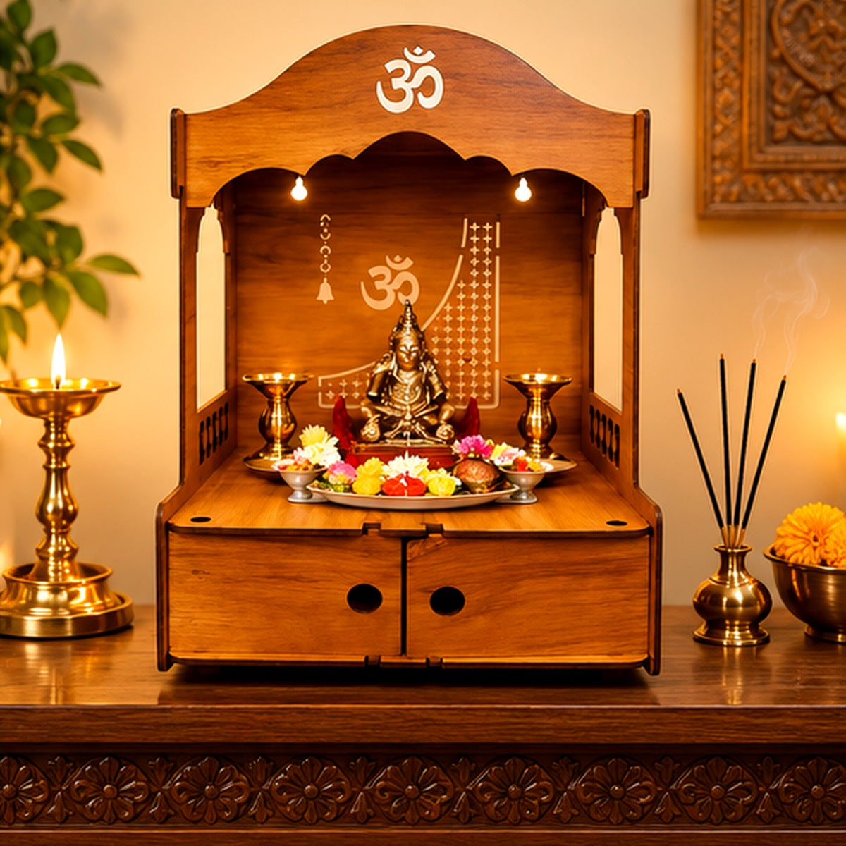 Wooden mandir styled in a devotional home setting