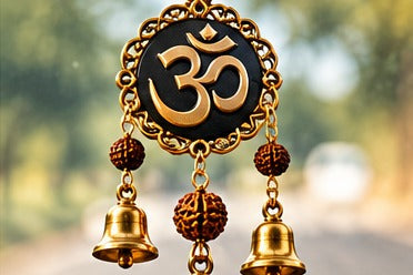 Illustrative Hindu car hanging collection artwork with an Om motif and brass bells
