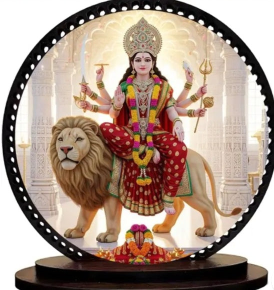 Maa Durga devotional dashboard décor with lion artwork