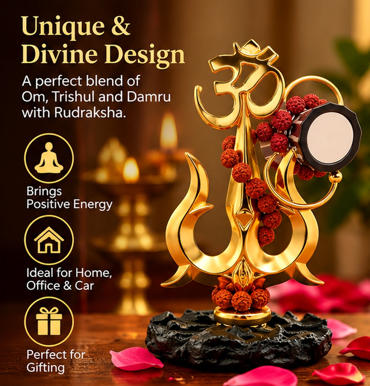 Golden Om Trishul Damru figurine — main product view