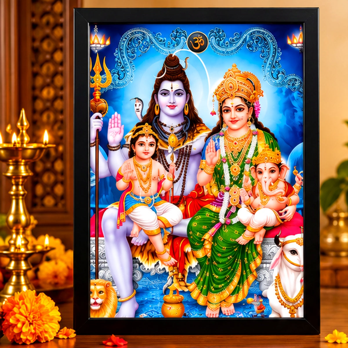 Premium Shiv Parivar devotional artwork in a black frame